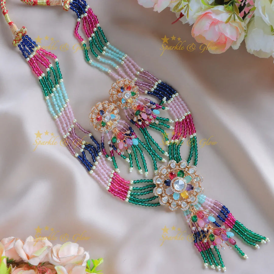 Sparkling Flower pendant carved Victorian AD Haram with multilayered beads-Navarathna - Sparkle and Glow