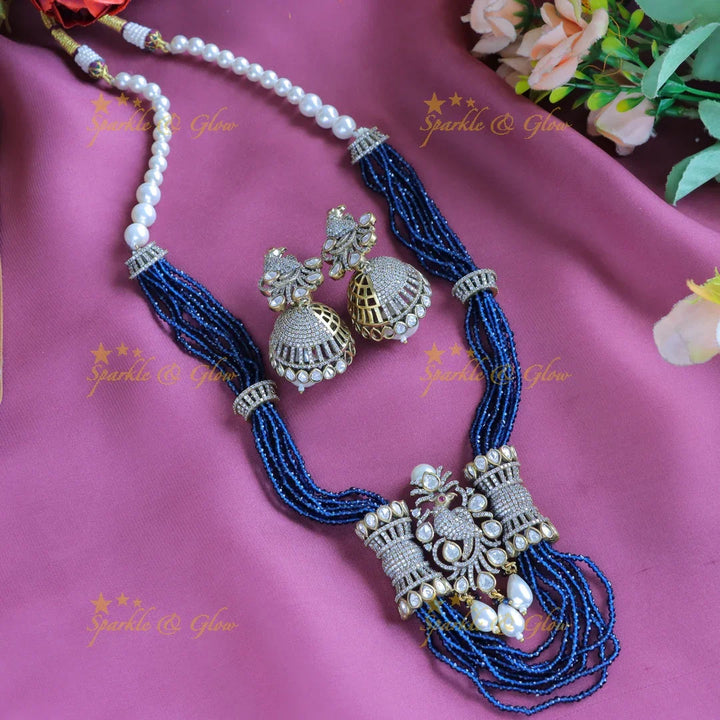 Stunning Victorian AD Peacock pendant Haram with Multilayered blue beads-Blue - Sparkle and Glow