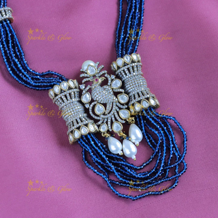 Stunning Victorian AD Peacock pendant Haram with Multilayered blue beads-Blue - Sparkle and Glow