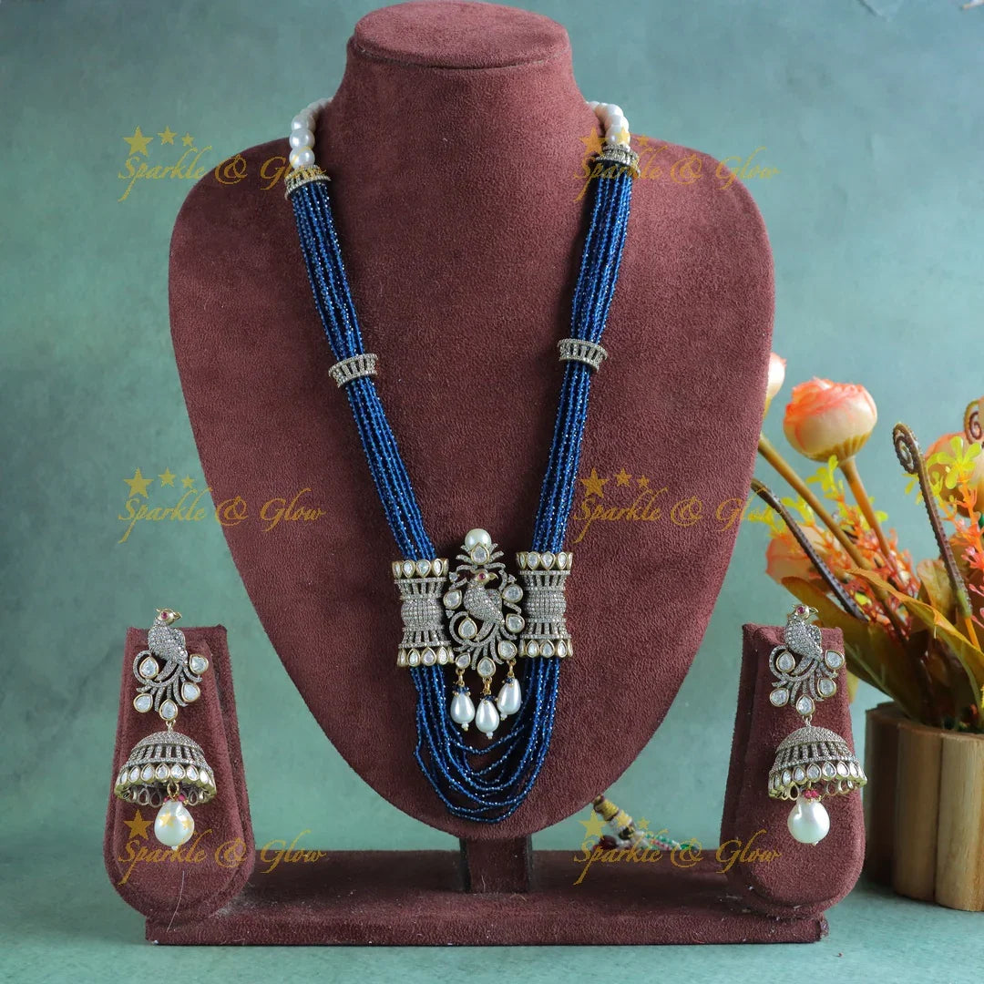 Stunning Victorian AD Peacock pendant Haram with Multilayered blue beads-Blue - Sparkle and Glow