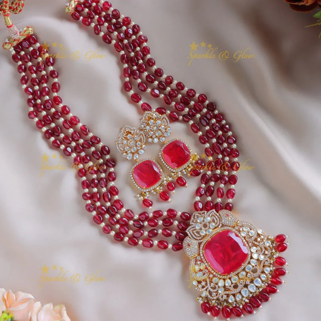 Gracious Dual tone Elephant Square stone pendant carved Kundan Victorian AD haram - Sparkle and Glow