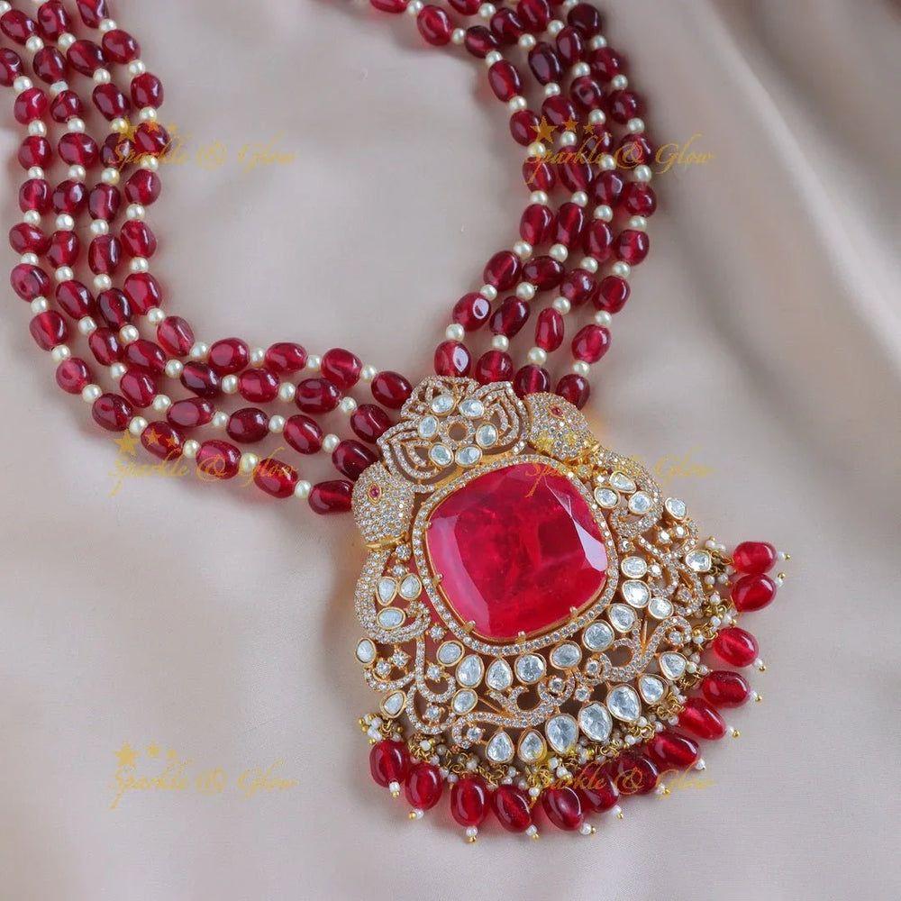 Gracious Dual tone Elephant Square stone pendant carved Kundan Victorian AD haram - Sparkle and Glow