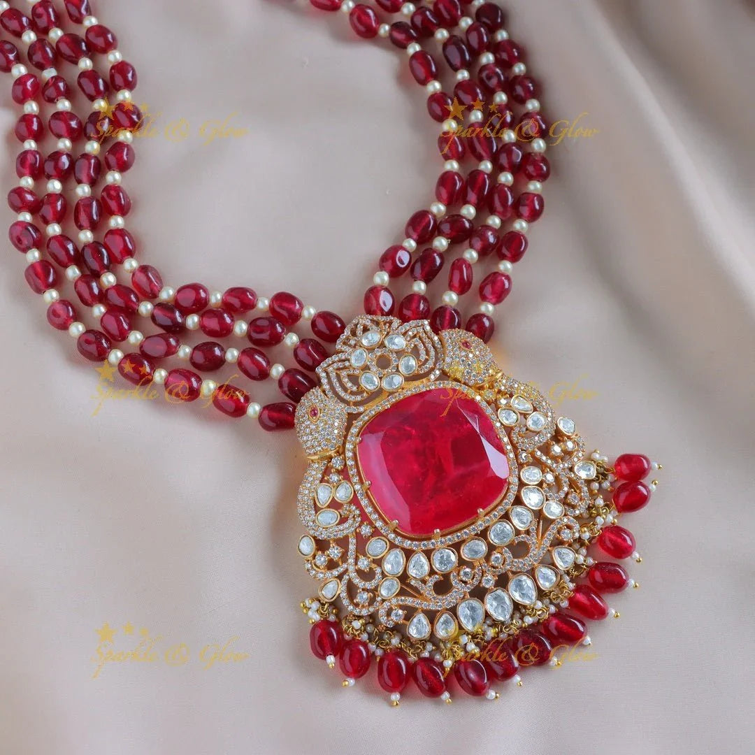 Gracious Dual tone Elephant Square stone pendant carved Kundan Victorian AD haram - Sparkle and Glow