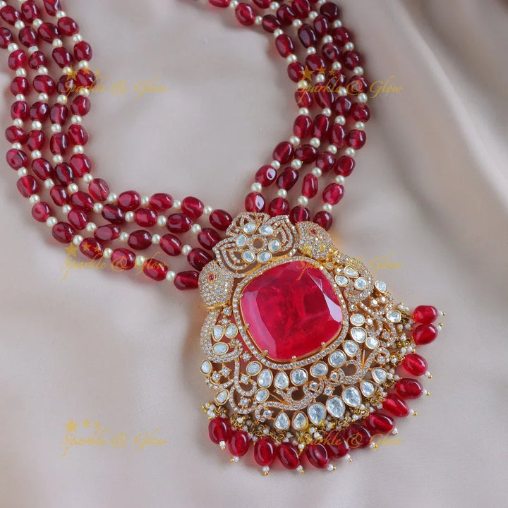 Gracious Dual tone Elephant Square stone pendant carved Kundan Victorian AD haram - Sparkle and Glow