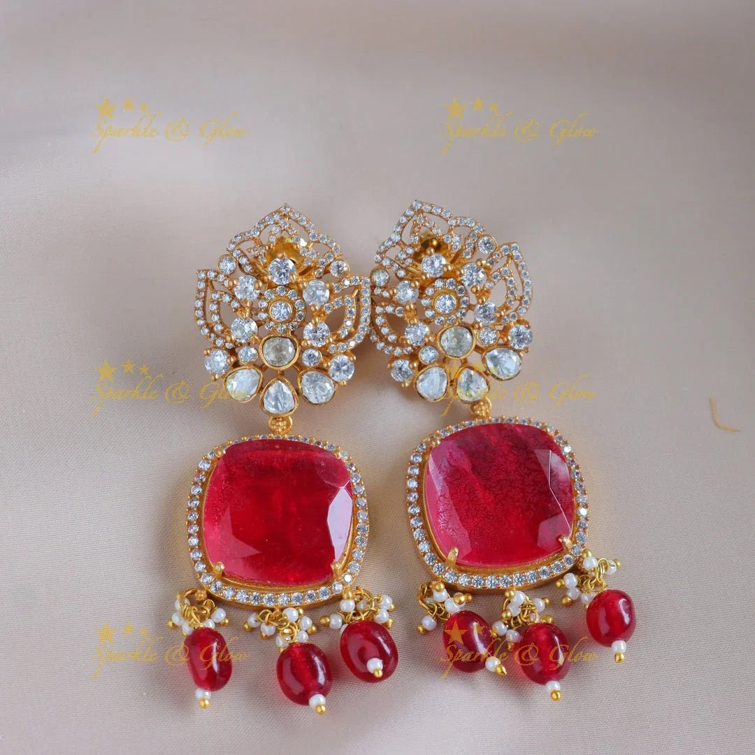 Gracious Dual tone Elephant Square stone pendant carved Kundan Victorian AD haram - Sparkle and Glow