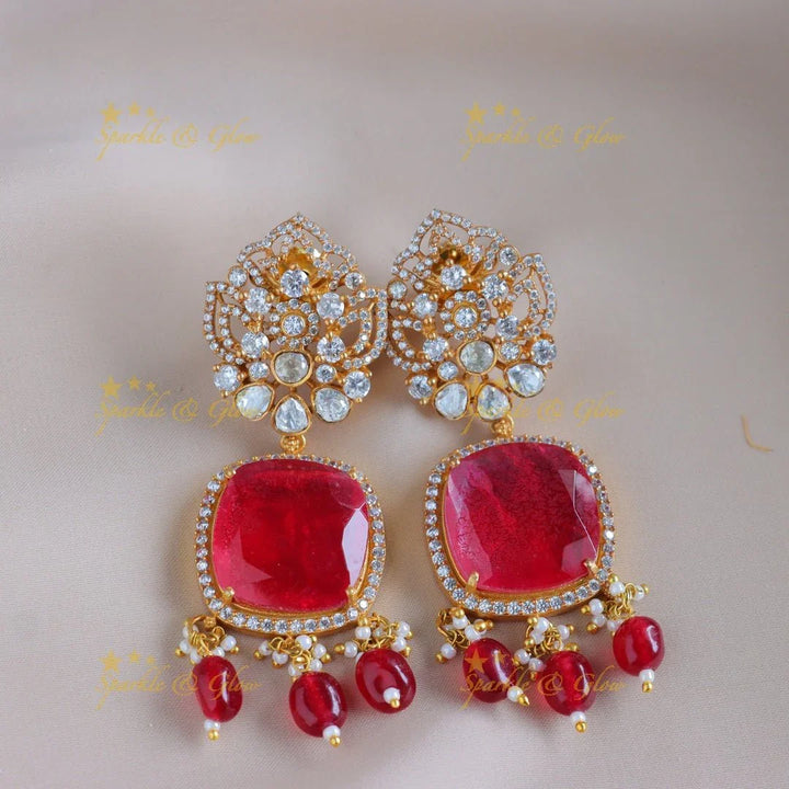 Gracious Dual tone Elephant Square stone pendant carved Kundan Victorian AD haram - Sparkle and Glow