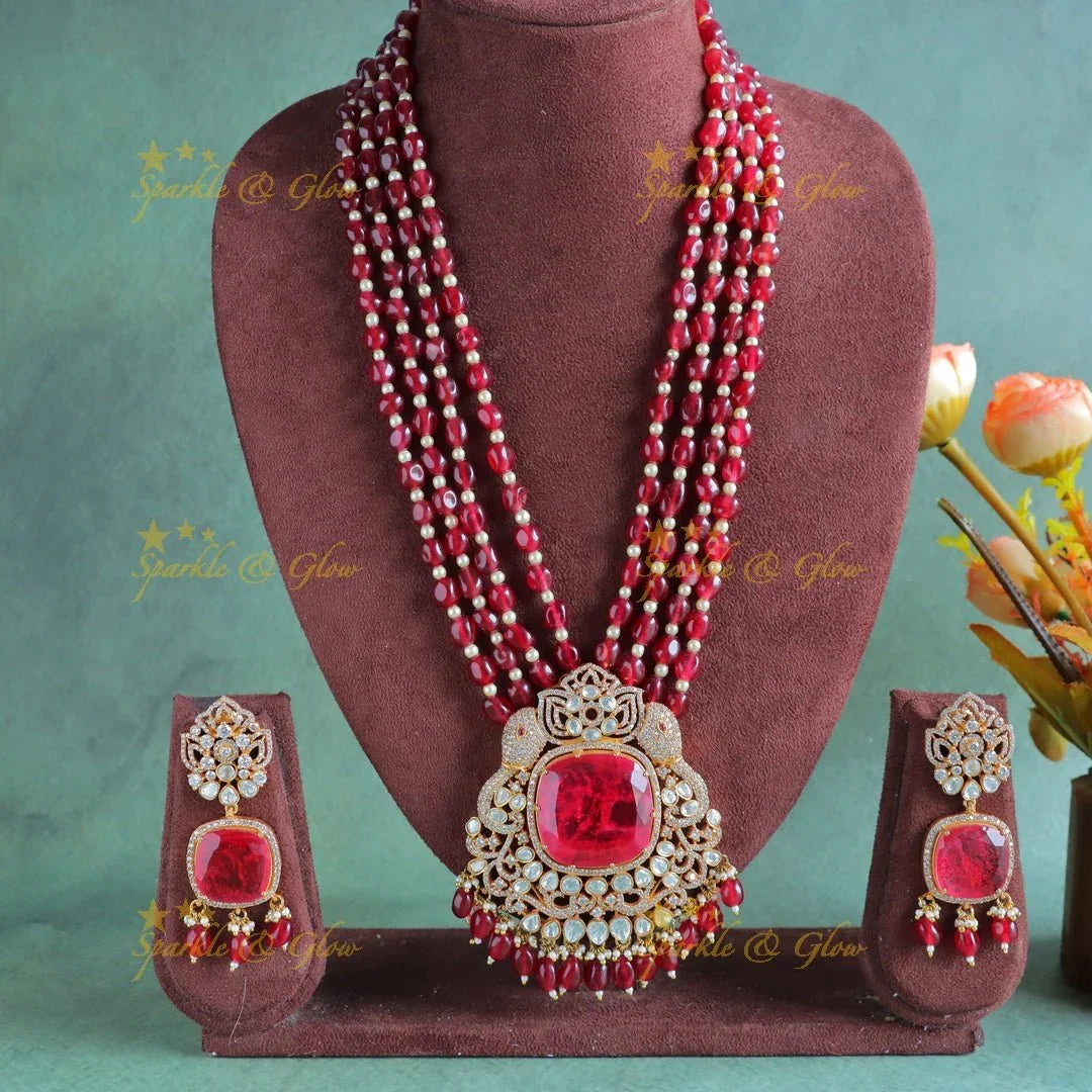 Gracious Dual tone Elephant Square stone pendant carved Kundan Victorian AD haram - Sparkle and Glow