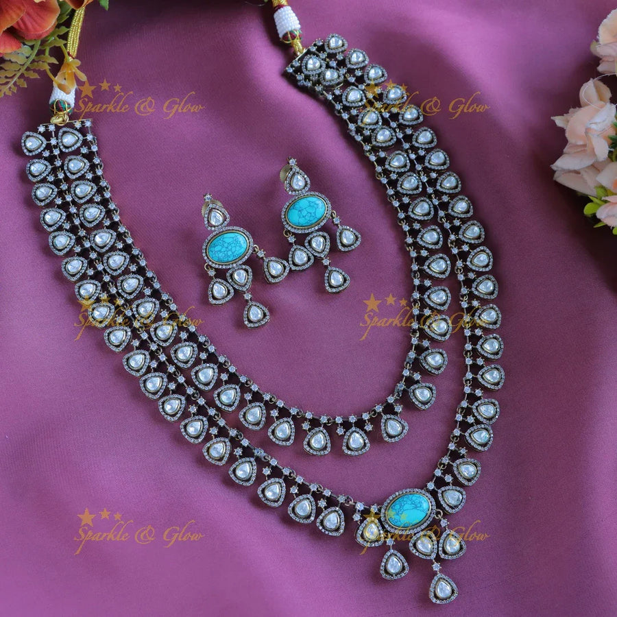 Sparkling Kundan Oval design carved Victorian AD layered Haram-Sky blue - Sparkle and Glow