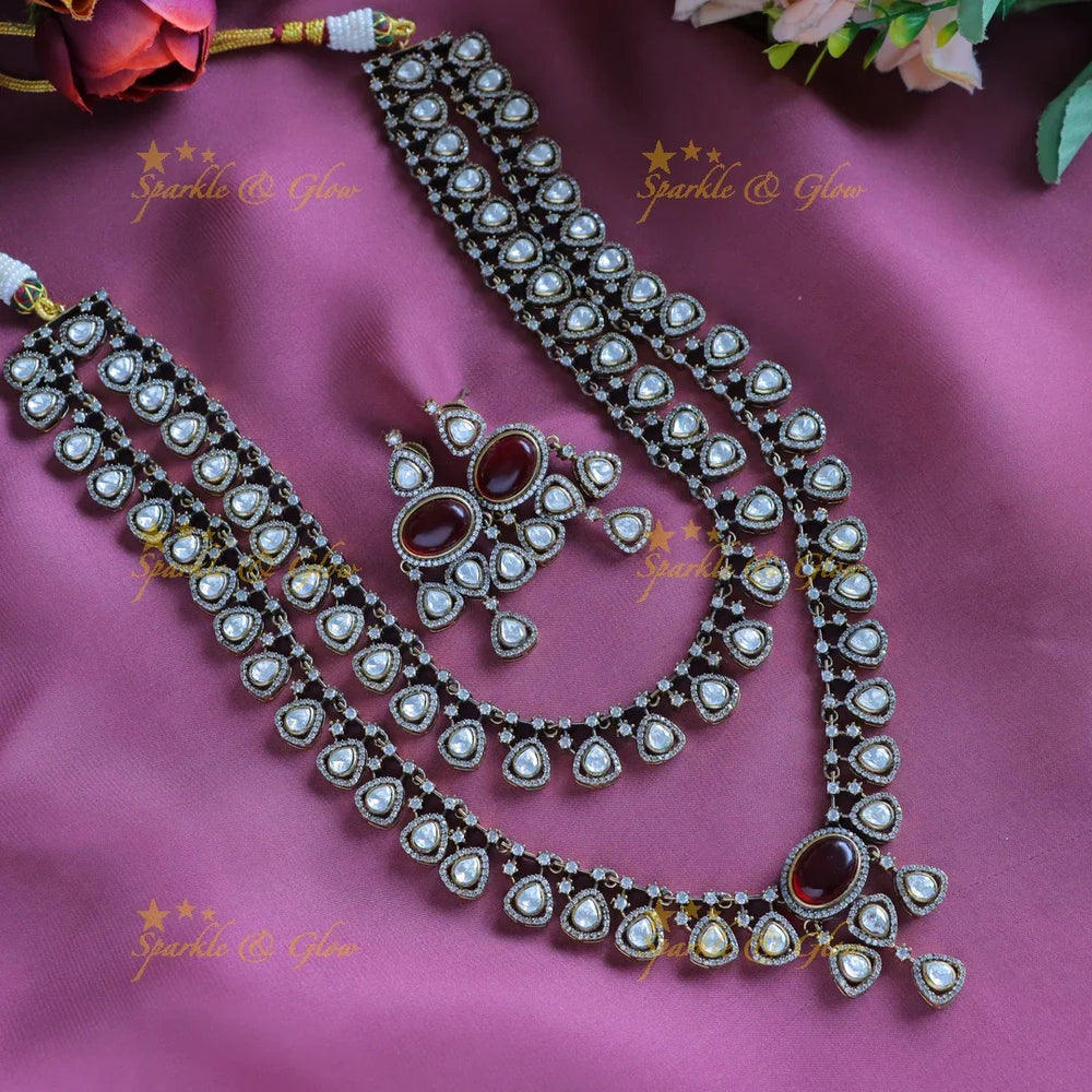 Sparkling Kundan Oval design carved Victorian AD layered Haram-Sky blue - Sparkle and Glow