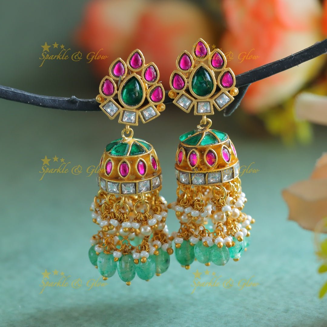 Gracious Oval Floral Kundan Jadau jhumukas - Sparkle and Glow -