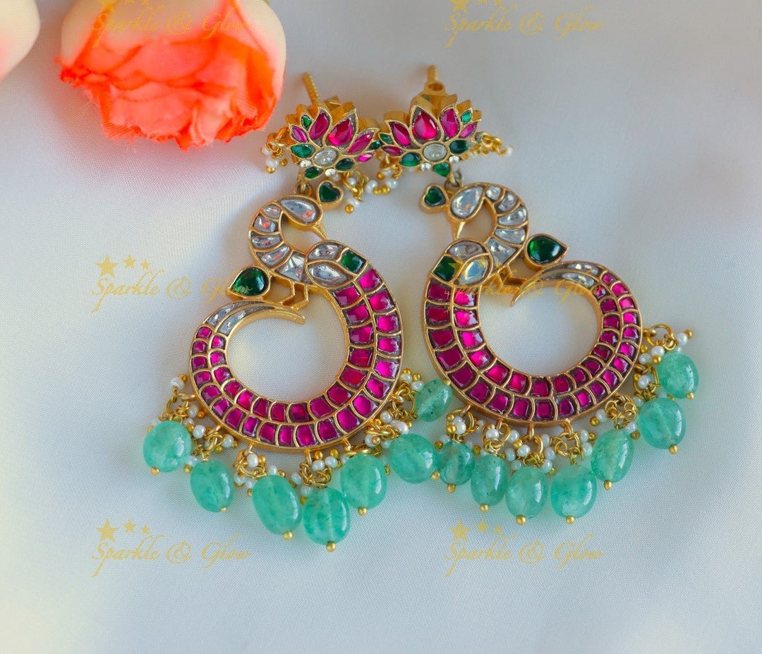 Grand Real Jadau Kundan Lotus Peacock Jhumukas with green beads - Sparkle and Glow -