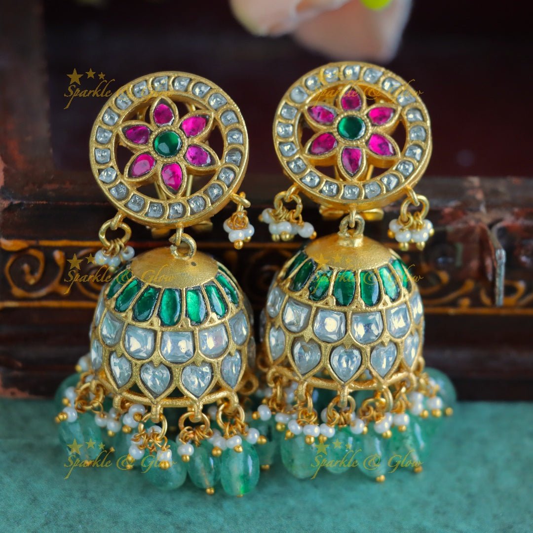 Grand Floral studded Jadau Kundan jhumukas with green beads - Sparkle and Glow -