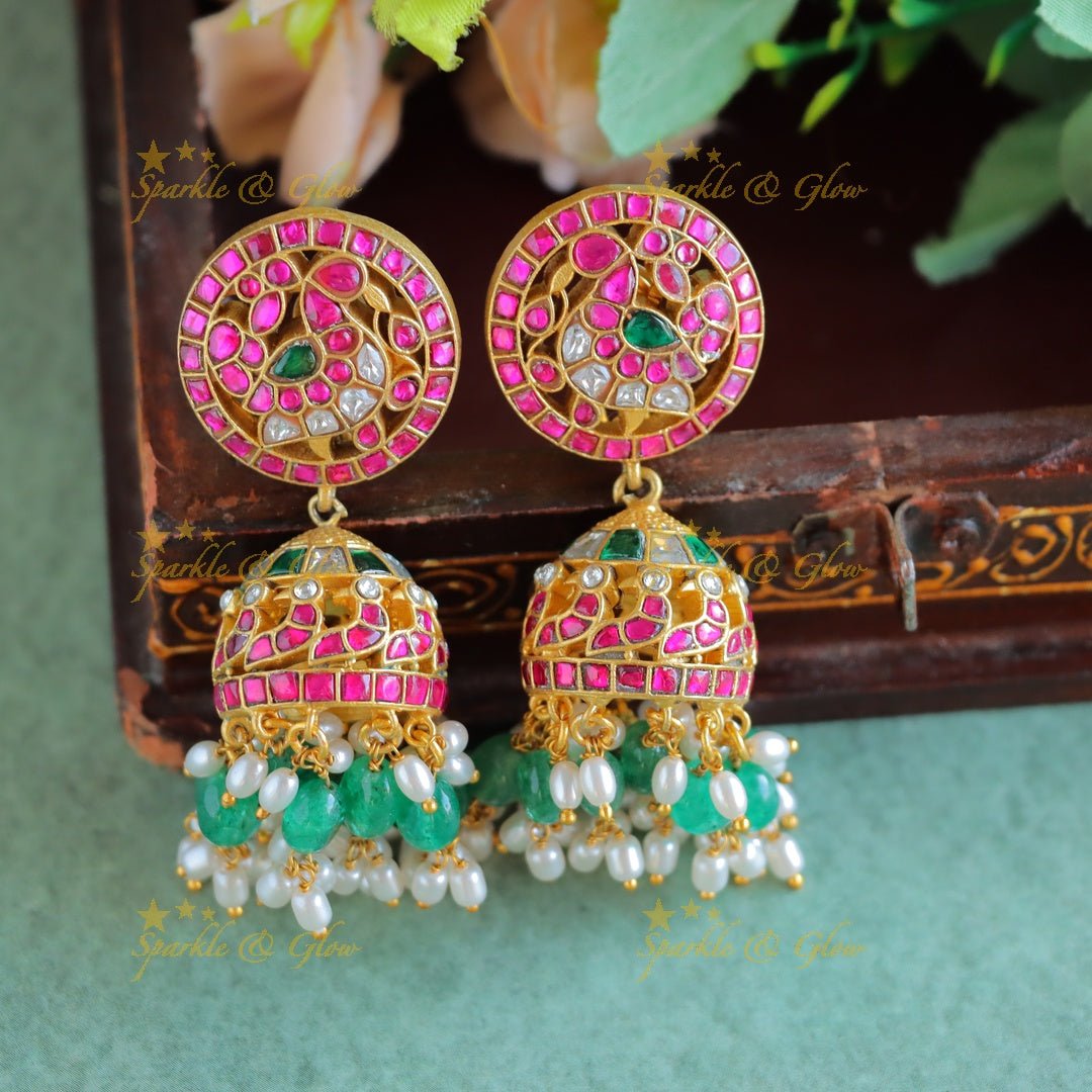 Real Jadau Kundan Peacock studded Jhumukas with Ricepearls and green beads - Sparkle and Glow -