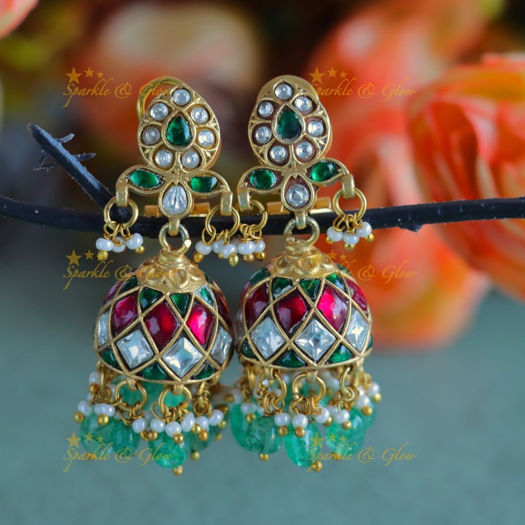 Statement Leaf Floral design Jadau Kundan Jhumukas - Sparkle and Glow -