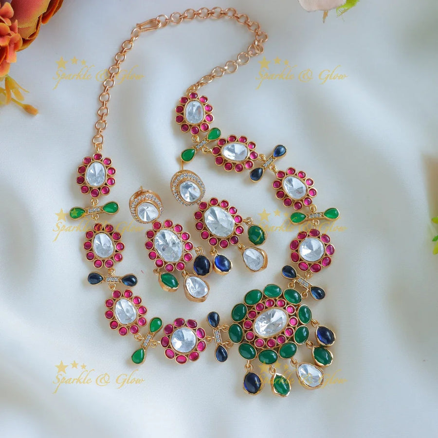 Elegant Multi colour Stone Jadau fusion with natural stones necklace - Sparkle and Glow
