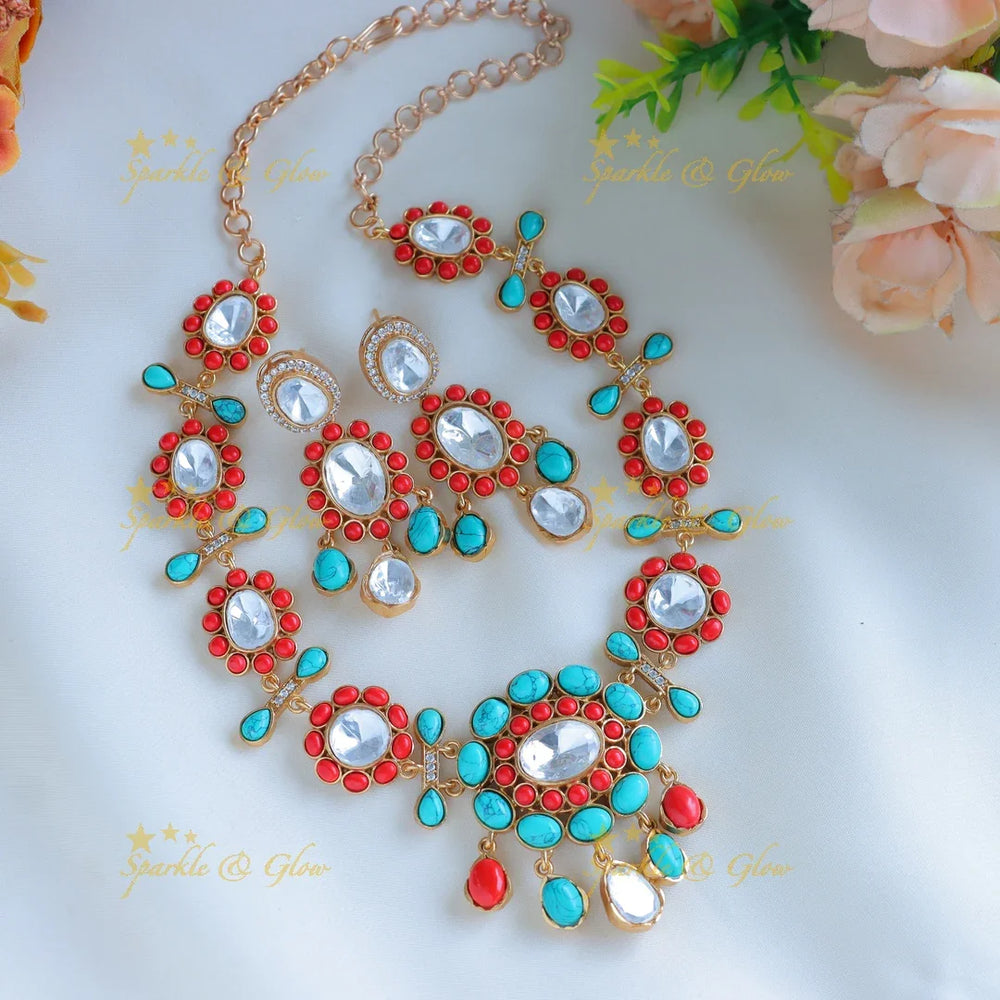 Elegant Multi colour Stone Jadau fusion with natural stones necklace - Sparkle and Glow