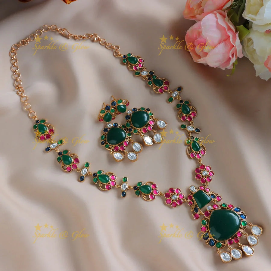 Simple and Elegant pendant jadau fusion with multi colour natural stones necklace - Dark Green - Sparkle and Glow