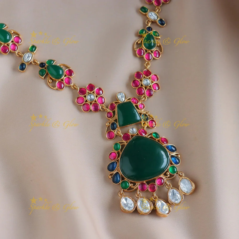 Simple and Elegant pendant jadau fusion with multi colour natural stones necklace - Dark Green - Sparkle and Glow