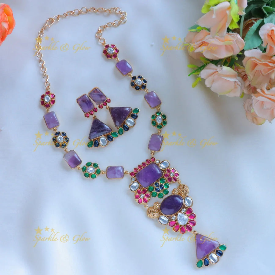 Simple and Elegant Floral design jadau fusion with natural stones necklace - Purple - Sparkle and Glow
