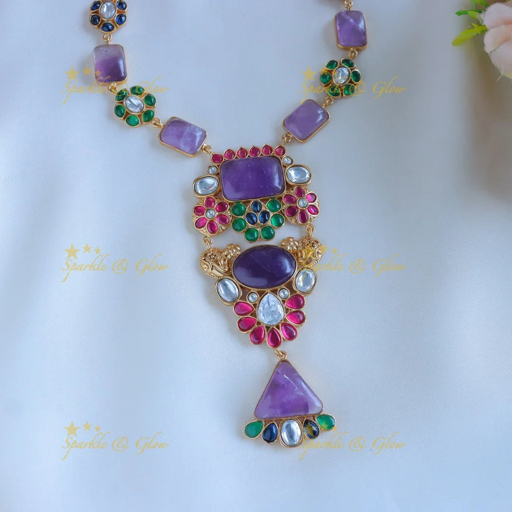Simple and Elegant Floral design jadau fusion with natural stones necklace - Purple - Sparkle and Glow