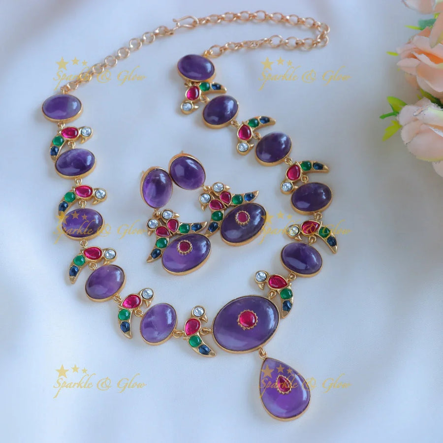 Elegant Parrot design jadau fusion with natural stones necklace - Purple - Sparkle and Glow