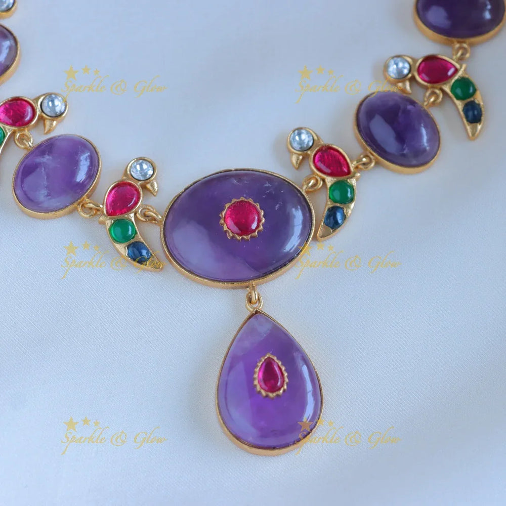 Elegant Parrot design jadau fusion with natural stones necklace - Purple - Sparkle and Glow