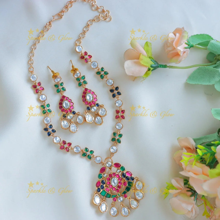 Floral Multi colour Beautiful jadau fusion with natural stones necklace - Sparkle and Glow