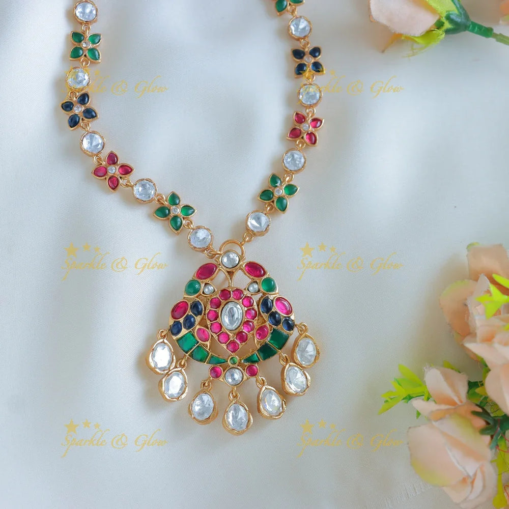 Floral Multi colour Beautiful jadau fusion with natural stones necklace - Sparkle and Glow