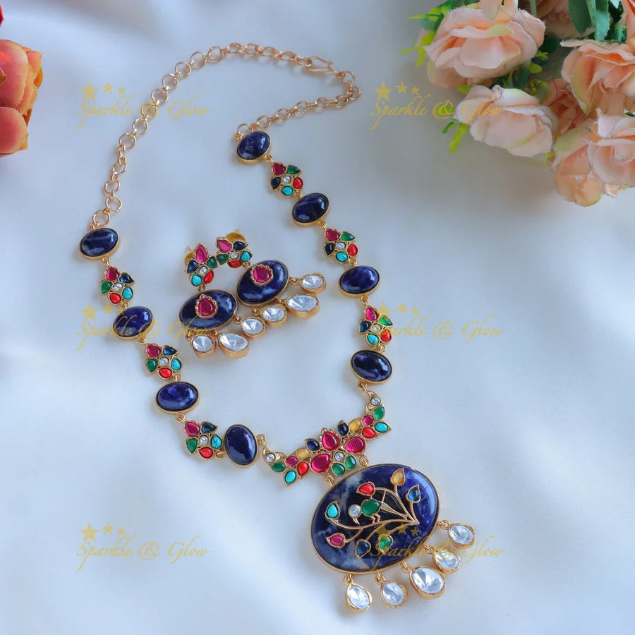 Beautiful Floral and leaf design jadau fusion with natural stones necklace - Purple - Sparkle and Glow