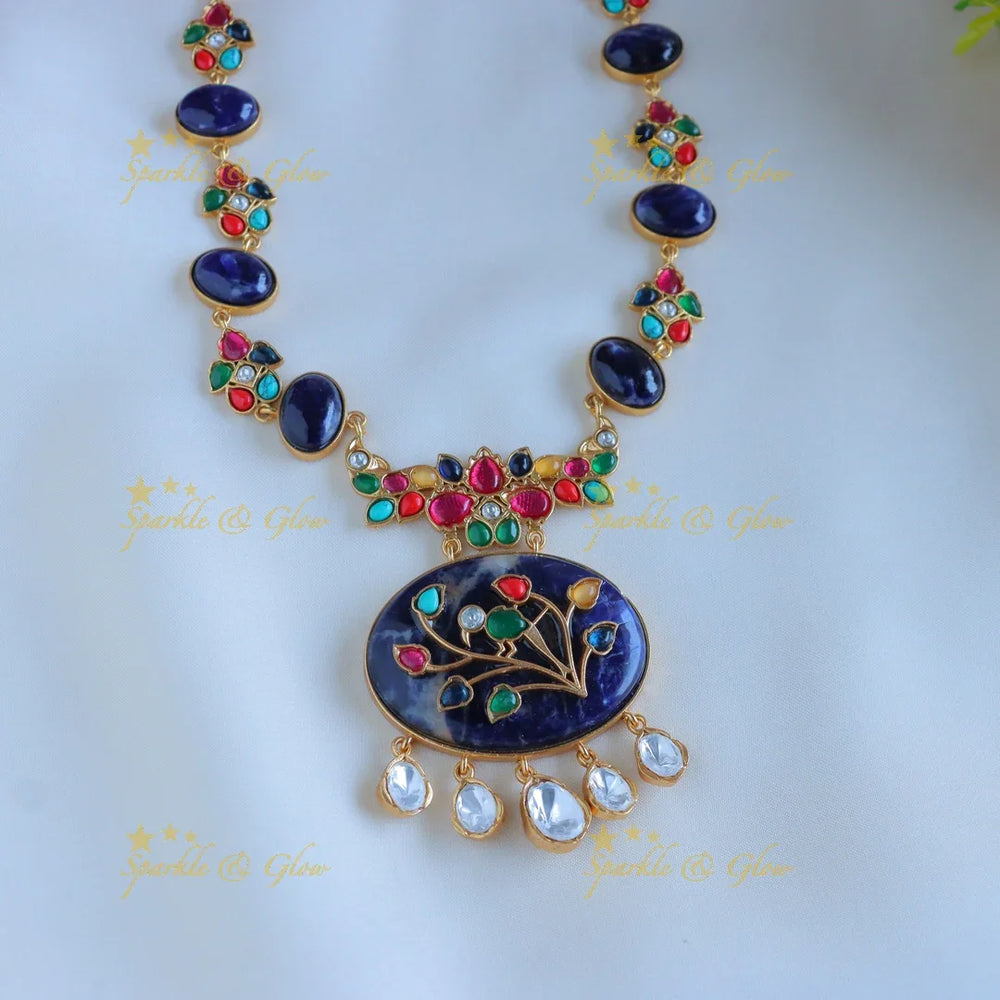 Beautiful Floral and leaf design jadau fusion with natural stones necklace - Purple - Sparkle and Glow