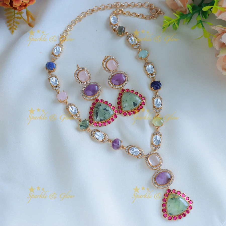 Pretty mint green pendant jadau fusion with multi colour natural stones necklace - Sparkle and Glow