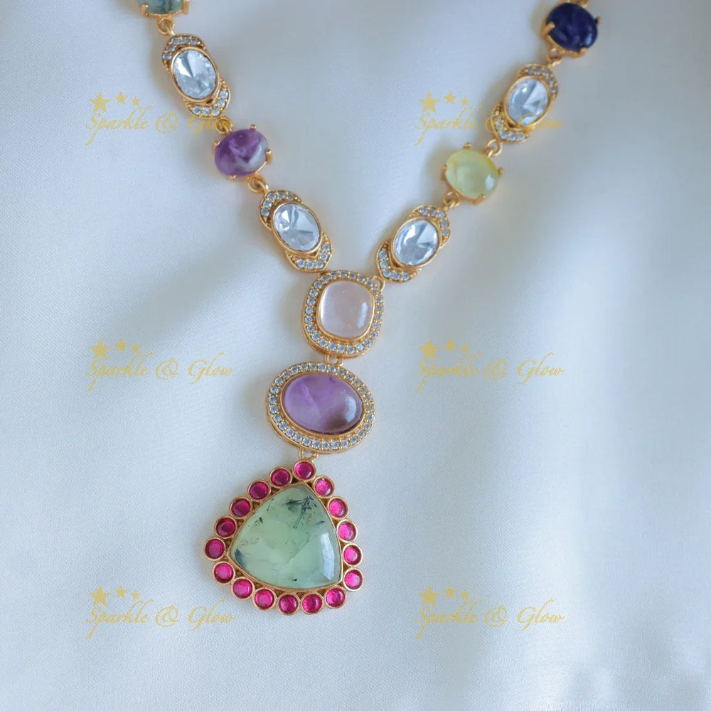 Pretty mint green pendant jadau fusion with multi colour natural stones necklace - Sparkle and Glow