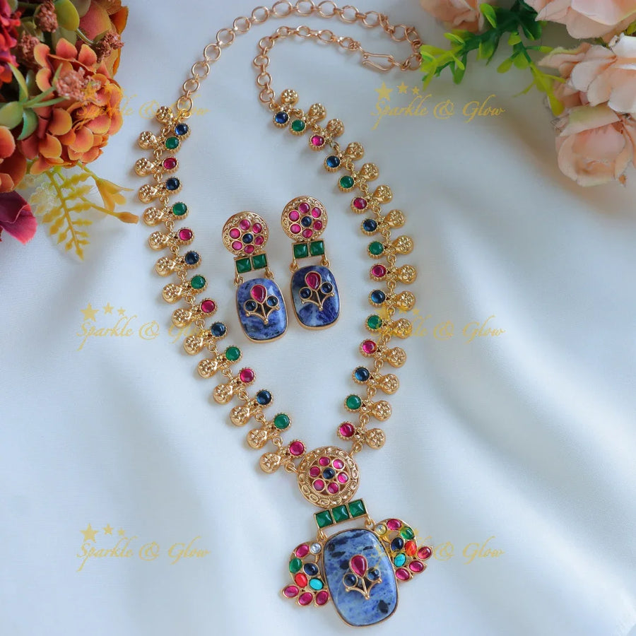Beautiful multi colour peacock jadau fusion with natural stones necklace - Purple - Sparkle and Glow