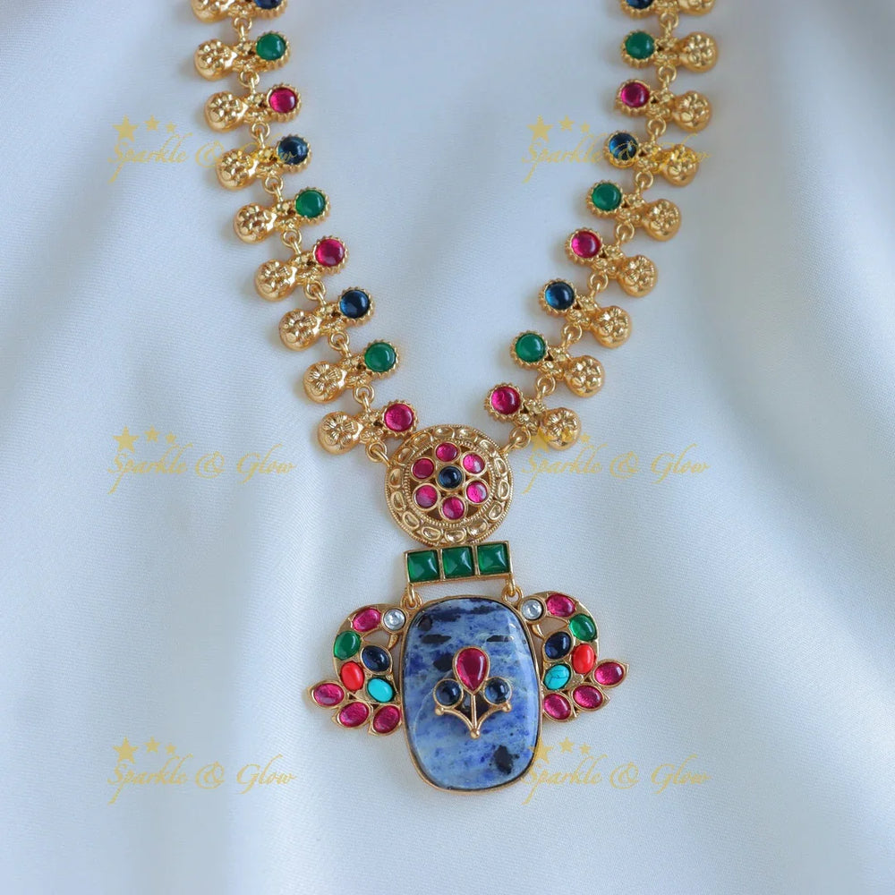 Beautiful multi colour peacock jadau fusion with natural stones necklace - Purple - Sparkle and Glow