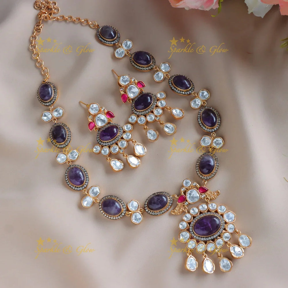 Gorgeous peacock with pendant jadau fusion with natural stones necklace - Mint Green - Sparkle and Glow