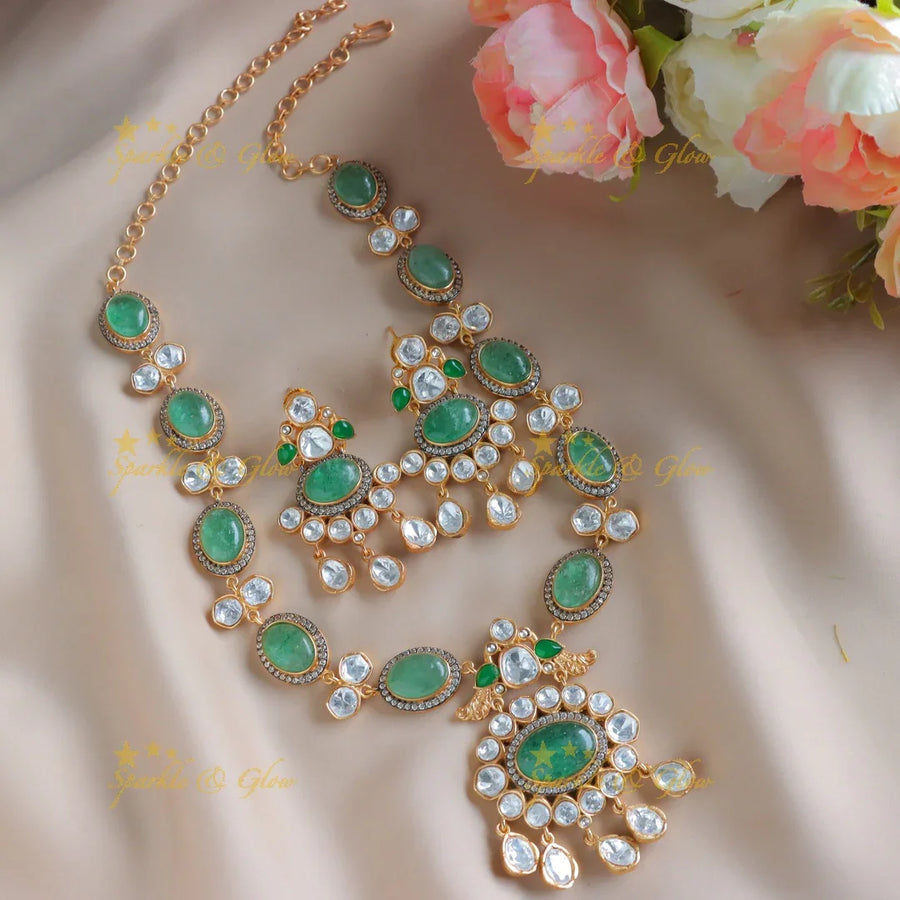 Gorgeous peacock with pendant jadau fusion with natural stones necklace - Mint Green - Sparkle and Glow