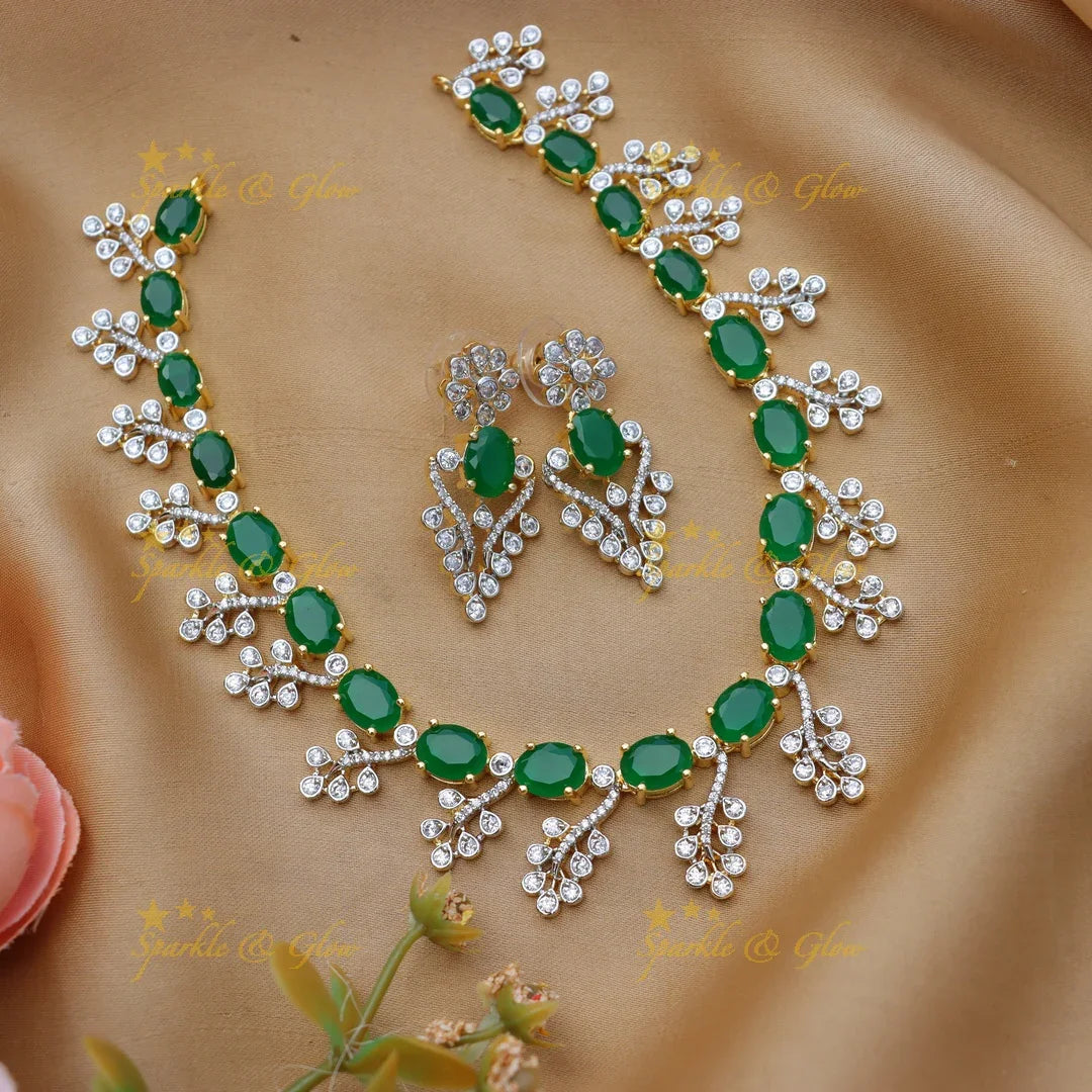 Green Back Thread Green Oval Stone Diamond Necklace – Leaf Design