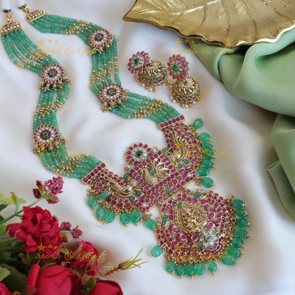 Stunning mint green and kundan stones floral peacock design long haram - white - Sparkle and Glow
