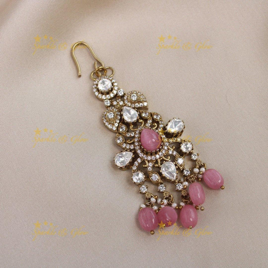 Gracious Mango Floral Victorian AD maangtikka-Light pink - Sparkle and Glow