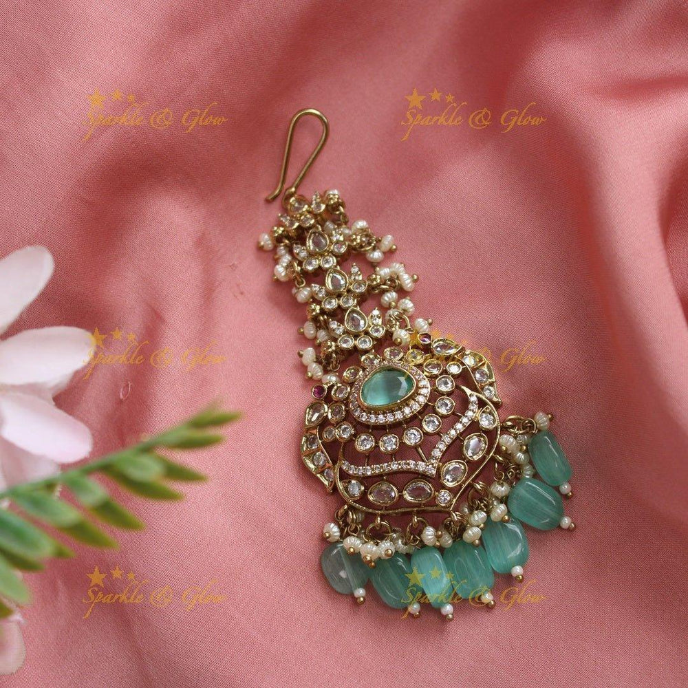 Gracious Kundan Floral Victorian AD maangtikka-Mintgreen - Sparkle and Glow