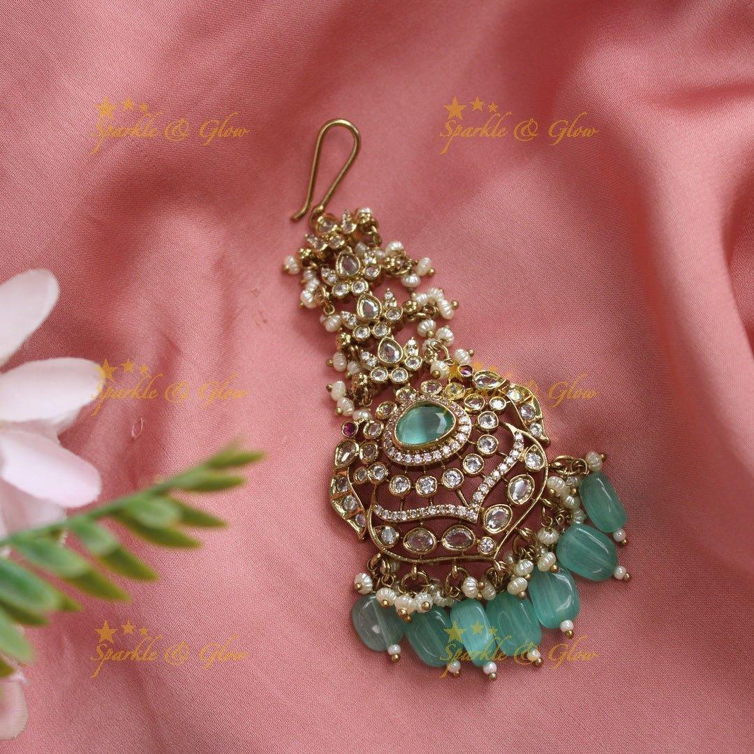Gracious Kundan Floral Victorian AD maangtikka-Mintgreen - Sparkle and Glow