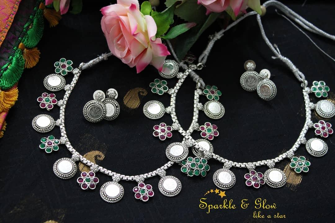 Elegant coin and flower necklace-silver multi design1 - Sparkle and Glow