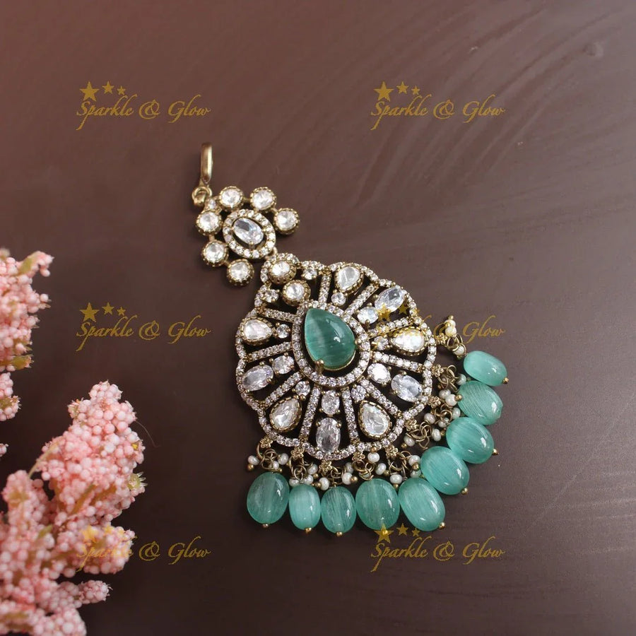 Elegant Oval Floral Kundan Victorian AD maangtikka-Mintgreen - Sparkle and Glow