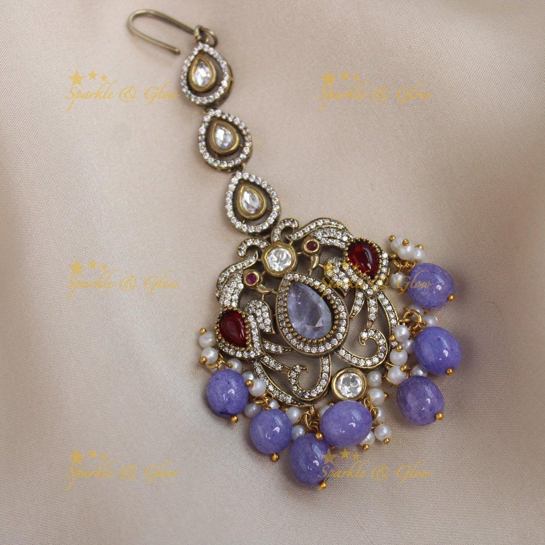 Sparkling Dual tone Peacock carved Victorian AD Kundan Maangtikka-Purple - Sparkle and Glow