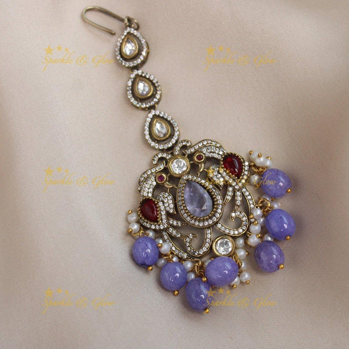 Sparkling Dual tone Peacock carved Victorian AD Kundan Maangtikka-Purple - Sparkle and Glow