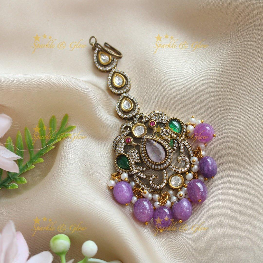 Sparkling Dual tone Peacock carved Victorian AD Kundan Maangtikka-Purple - Sparkle and Glow