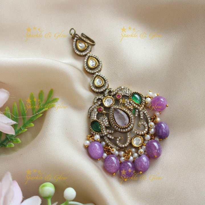 Sparkling Dual tone Peacock carved Victorian AD Kundan Maangtikka-Purple - Sparkle and Glow