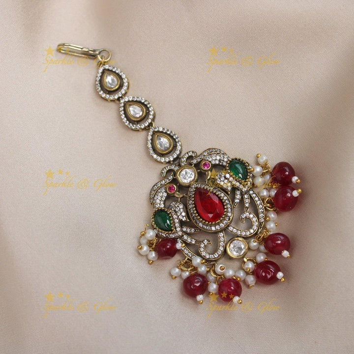 Sparkling Dual tone Peacock carved Victorian AD Kundan Maangtikka-Purple - Sparkle and Glow