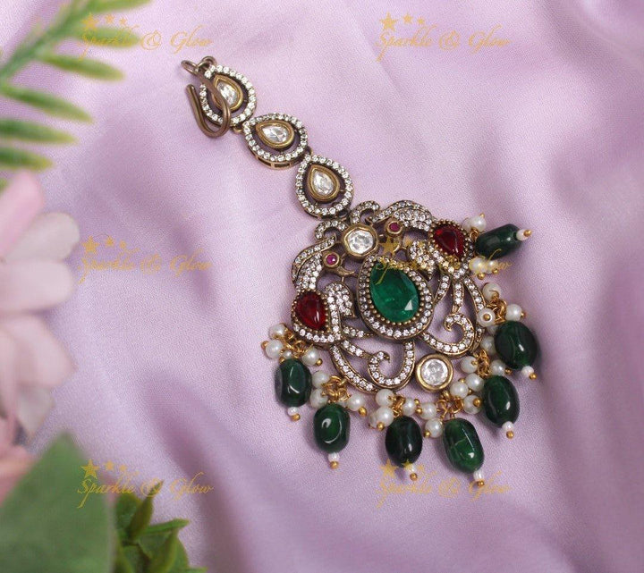Sparkling Dual tone Peacock carved Victorian AD Kundan Maangtikka-Purple - Sparkle and Glow