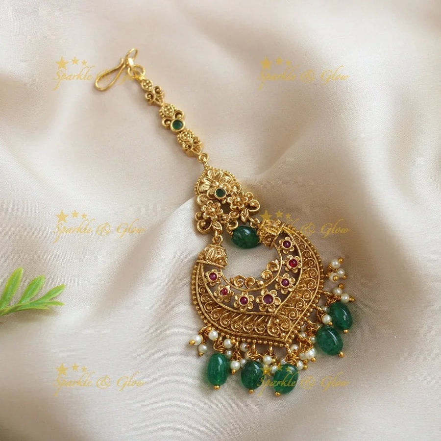 Elegant Leaf Floral chandbali design kemp Maangtikka - Sparkle and Glow